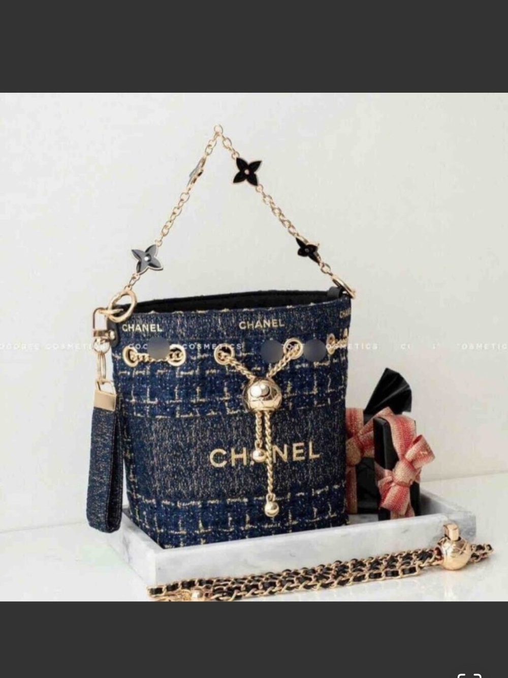 CHANEL Blue Tweed Bucket Bag with Gold Hardware VIP GWP